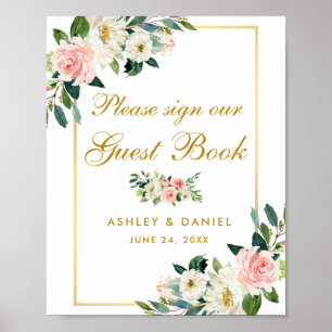 Floral Pink Blush Wedding Gold Guest Book Poster