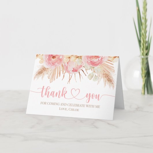 Floral pink Boho Pampas Thank you card Bedankkaart (Voorkant)