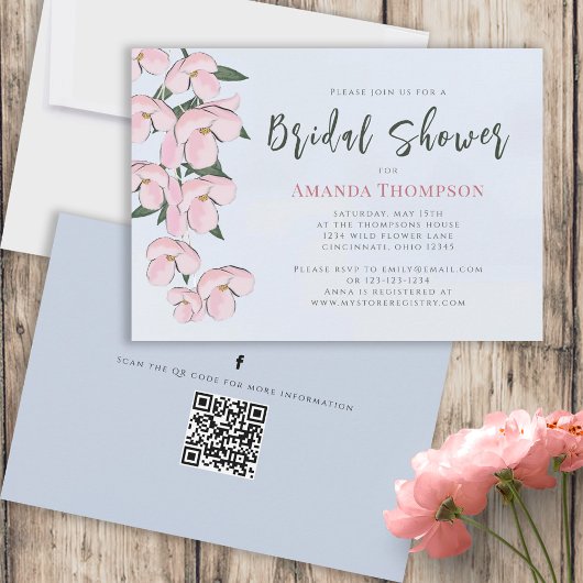 Floral Pink Botanical Cherry Blossom QR Code Kaart