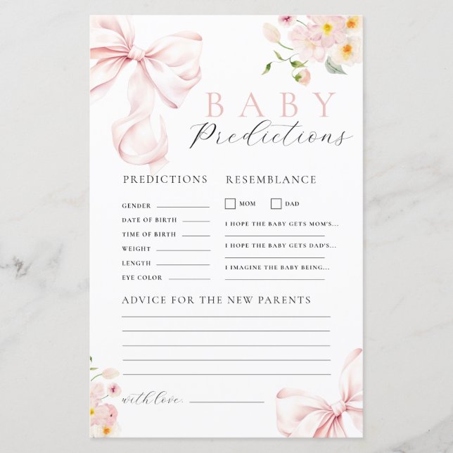 Floral Pink Bow Baby shower Voorspelling Advies Sp (Voorkant)
