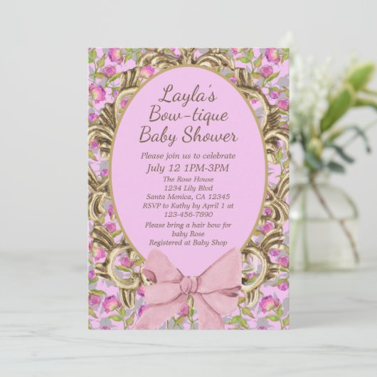  Floral Pink Bow Boutique Baby Girl Shower Kaart (Staand voorkant)