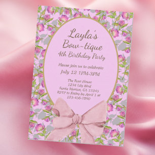 Floral Pink Bow Boutique Birthday Party Kaart