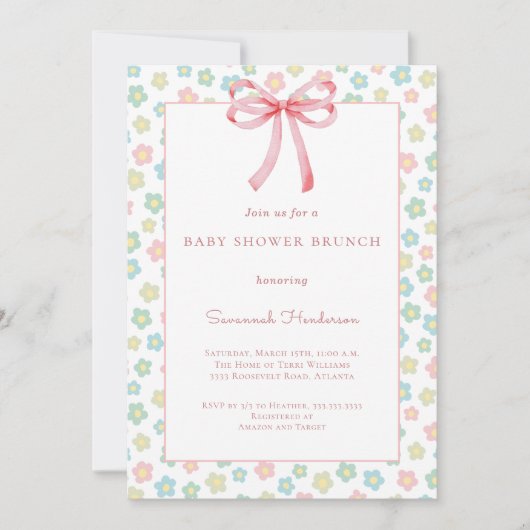 Floral Pink Bow Ribbon Baby Shower Brunch  Kaart (Voorkant)