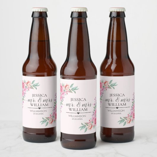 Floral Pink bruiloft Bier Etiket (Flessen)