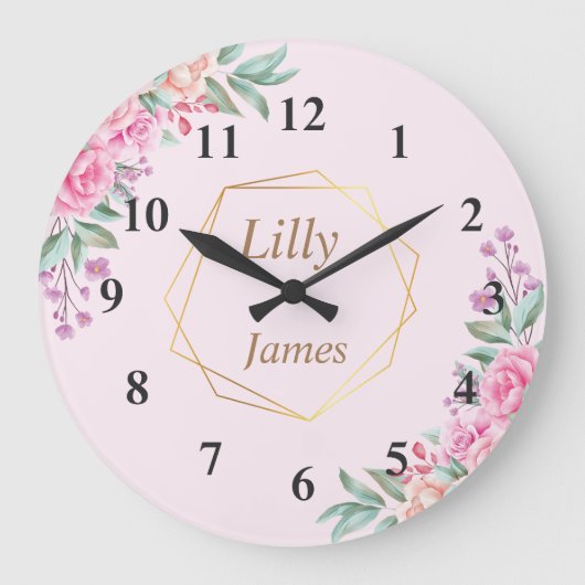 Floral Pink bruiloft Grote Klok (Voorkant)