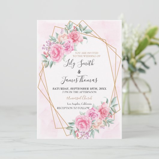 Floral Pink bruiloft Kaart (Staand voorkant)