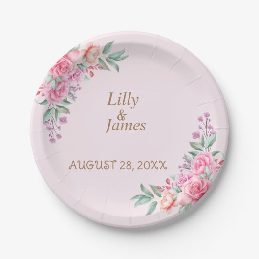 Floral Pink bruiloft Papieren Bordje (Voorkant)
