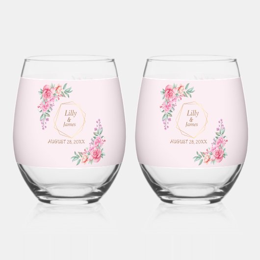 Floral Pink bruiloft Wijnglas Zonder Voet (Achterkant)