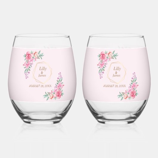 Floral Pink bruiloft Wijnglas Zonder Voet (Voorkant)