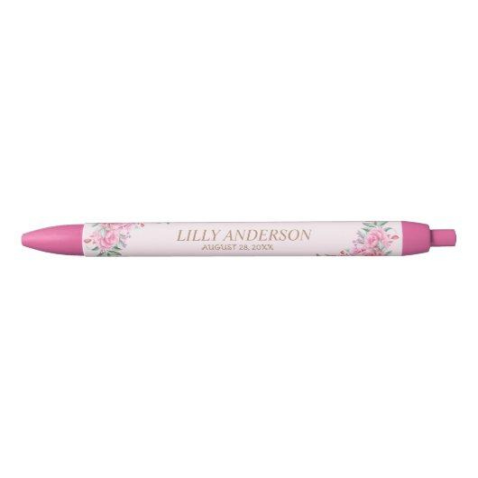 Floral Pink bruiloft Zwarte Inkt Pen (Voorkant)