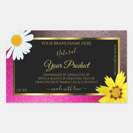 Floral Pink Burgundy Glitter Black Product Labels (Voorkant)