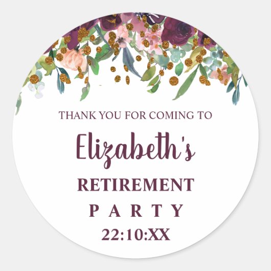 Floral Pink, Burgundy Retirement Party Dank u Ronde Sticker (Voorkant)