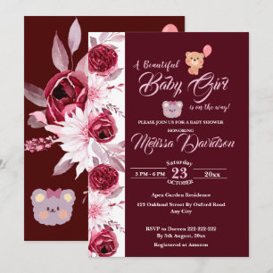 Floral Pink Burgundy Waterverf Girl Baby shower Kaart