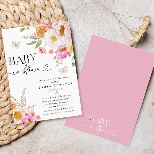 Floral Pink Butterflies Baby In Bloom Baby Shower Kaart