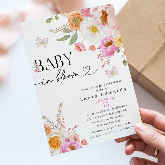 Floral Pink Butterflies Baby In Bloom Baby Shower Kaart