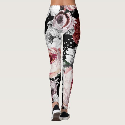 Floral Pink Coral Green  Roos Patroon Leggings (Achterkant)