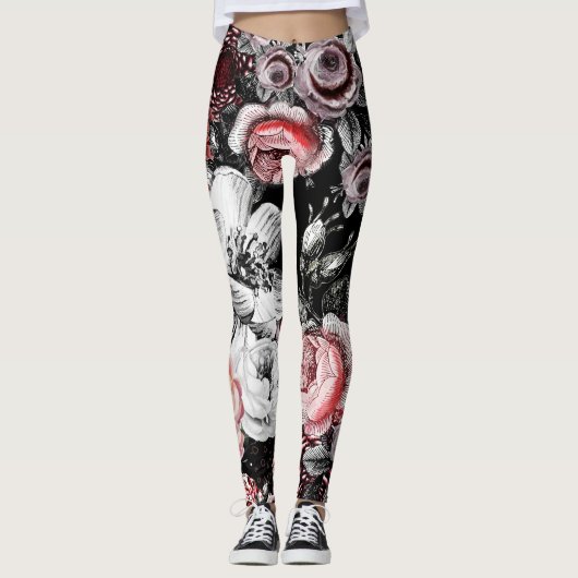 Floral Pink Coral Green  Roos Patroon Leggings (Voorkant)