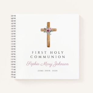 Floral Pink Cross Girl First Commune Guestbook Notitieboek