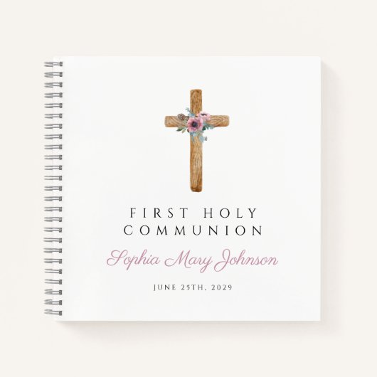 Floral Pink Cross Girl First Commune Guestbook Notitieboek (Voorkant)