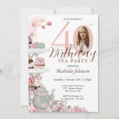Floral Pink Custom Photo Tea Party 40e verjaardag Kaart (Voorkant)