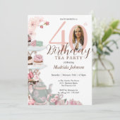 Floral Pink Custom Photo Tea Party 40e verjaardag Kaart (Staand voorkant)