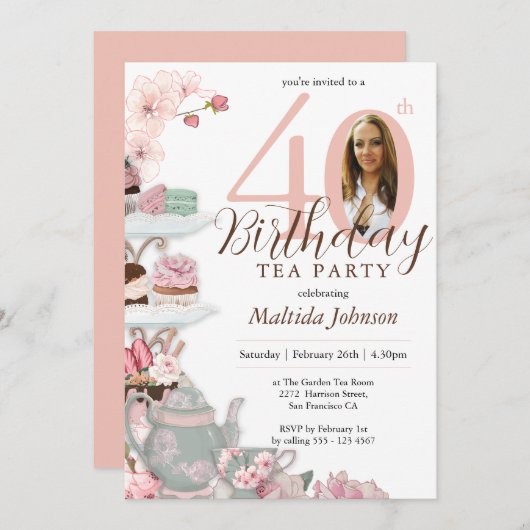 Floral Pink Custom Photo Tea Party 40e verjaardag Kaart (Voorkant / Achterkant)
