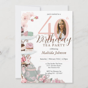 Floral Pink Custom Photo Tea Party 40e verjaardag Kaart
