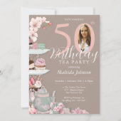 Floral Pink Custom Photo Tea Party 50ste verjaarda Kaart (Voorkant)