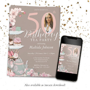 Floral Pink Custom Photo Tea Party 50ste verjaarda Kaart