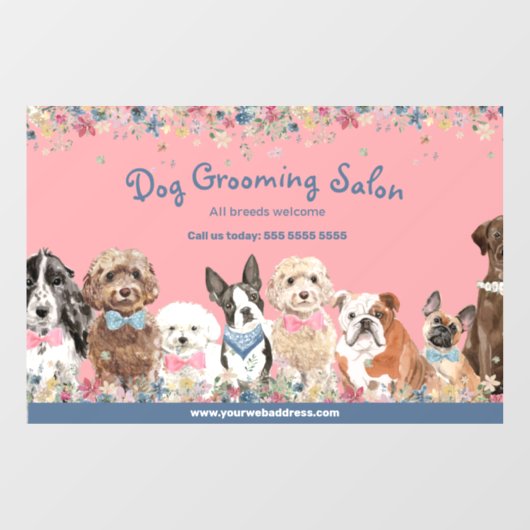 Floral Pink Dog Grooming Salon Promotion Raamsticker (Vel)