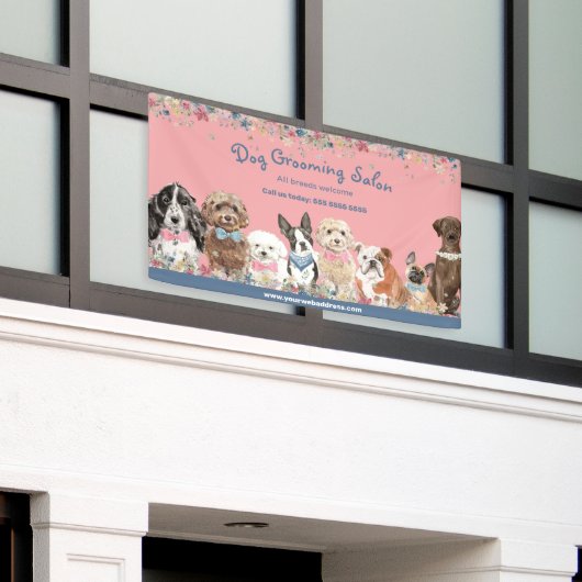 Floral Pink Dog Grooming Salon Promotional Banner (Buitenkant Gebouw)