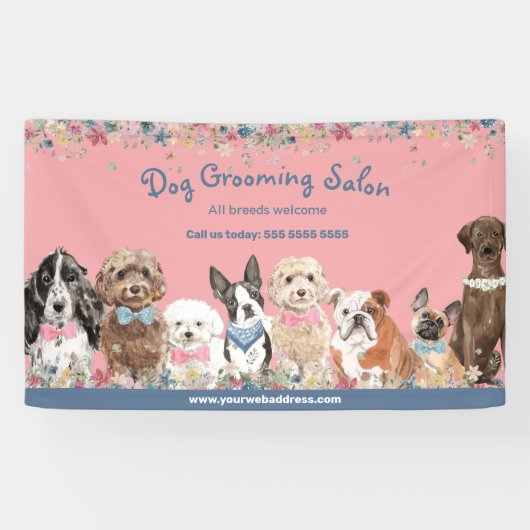 Floral Pink Dog Grooming Salon Promotional Banner (Horizontaal)