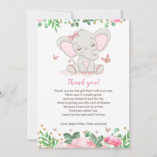 Floral Pink Elephant Baby shower Hartelijk dank Bedankkaart (Voorkant)
