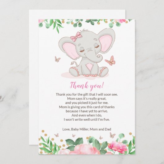 Floral Pink Elephant Baby shower Hartelijk dank Bedankkaart (Voorkant / Achterkant)