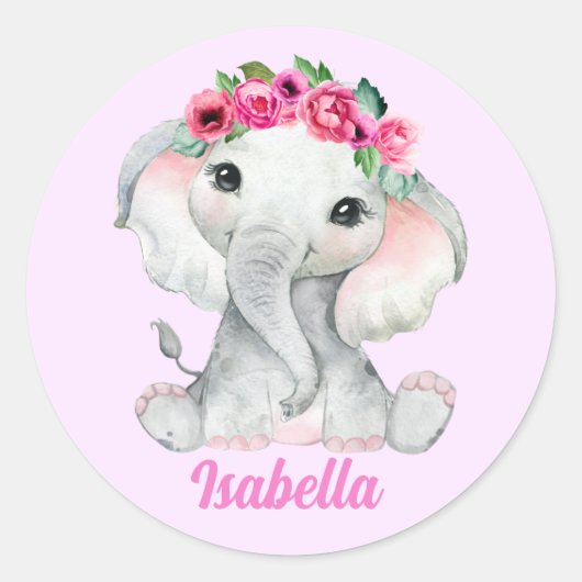 Floral Pink Elephant Persoonlijke naam Ronde Sticker (Voorkant)