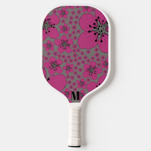 Floral Pink en Black Modern Monogram Pickleball Paddle (Achterkant)