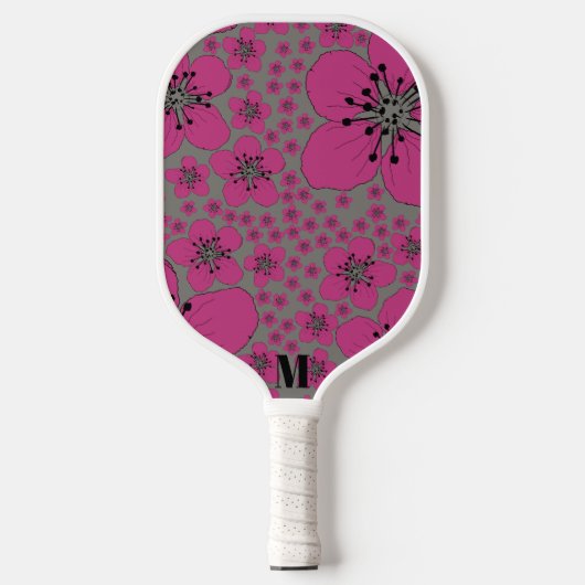 Floral Pink en Black Modern Monogram Pickleball Paddle (Voorkant)