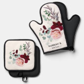Floral Pink en Bourgondië Bloom gepersonaliseerd Ovenwant & Pannenlap Set (Voorkant / Achterkant)