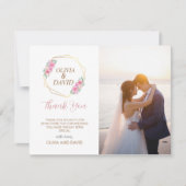 Floral Pink en Faux Gold Script | Fotobruiloft Bedankkaart (Voorkant)