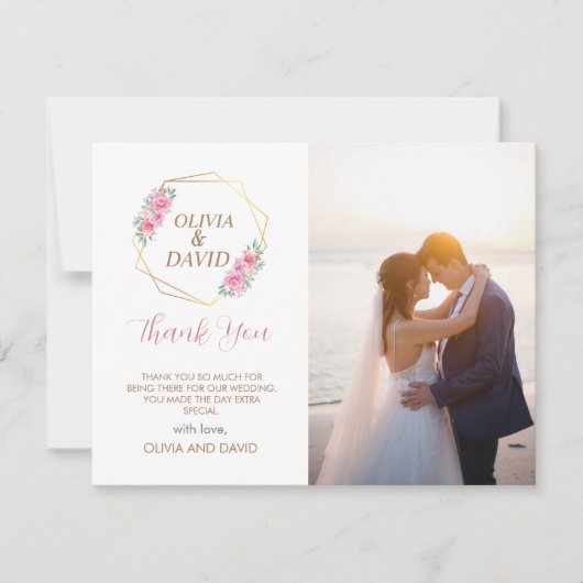 Floral Pink en Faux Gold Script | Fotobruiloft Bedankkaart (Voorkant)