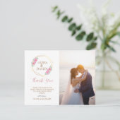 Floral Pink en Faux Gold Script | Fotobruiloft Bedankkaart (Staand voorkant)