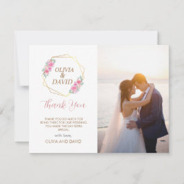 Floral Pink en Faux Gold Script | Fotobruiloft Bedankkaart