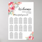 Floral Pink en Gold Elegant Wedding Seating Chart Poster (Voorkant)