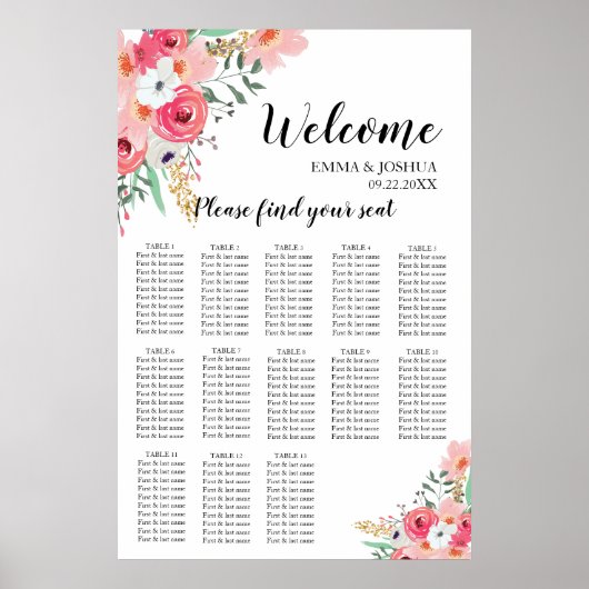 Floral Pink en Gold Elegant Wedding Seating Chart Poster (Voorkant)