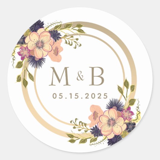 Floral Pink en Gold Monogram Weddenschap Ronde Sticker (Voorkant)