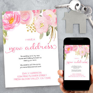 Floral Pink en Gold New Address Aankondiging