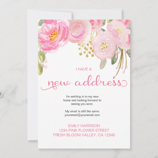  Floral Pink en Gold New Address Aankondiging (Voorkant)