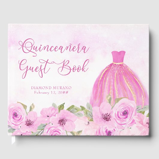  Floral Pink en Gold Princess Quinceanera Gastenboek (Voorkant)