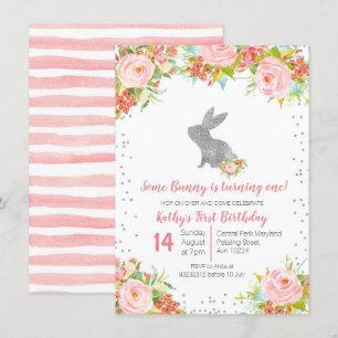 Floral Pink en Silver Bunny Birthday Floral Kaart