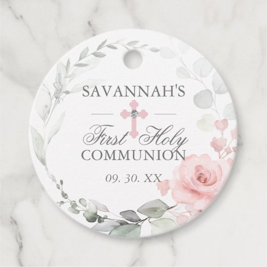 Floral Pink First Heilige Communie Dank u Bedankjes Labels (Voorkant)